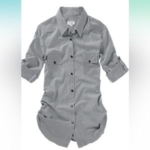 XL navy blue whit striped blouse too button up NWT